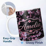 Personalized Custom Name Soft Pink Cherry Blossom Flowers on Dark Background Elegant Floral 11oz Ceramic Coffee Tea Mug White Large Handle