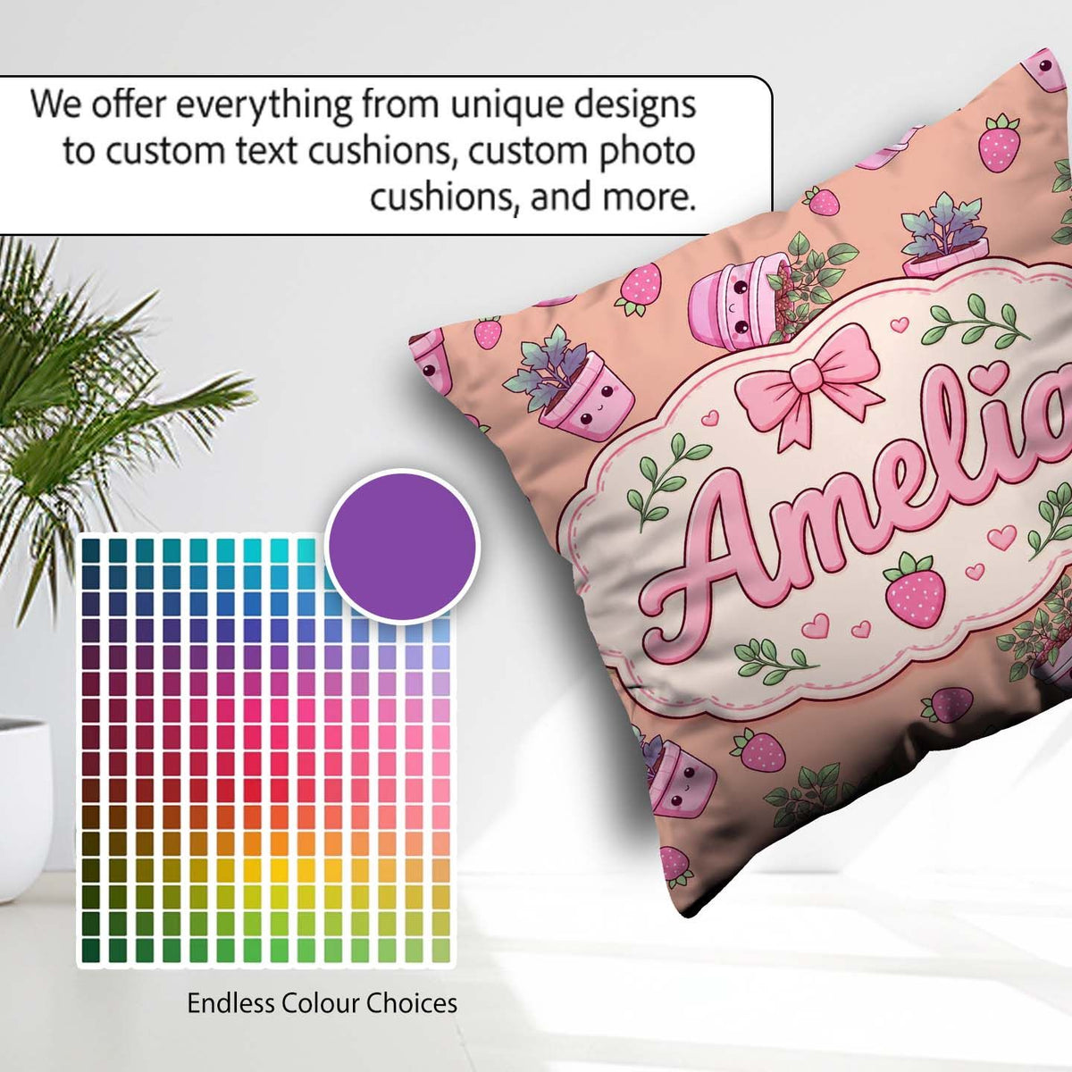 Custom Name Cute Pink Plant Pots Leaves Strawberry Pattern Peach Square Filled Cushion Throw Pillow Sofa Bed Home Decor Zip Washable UK Made