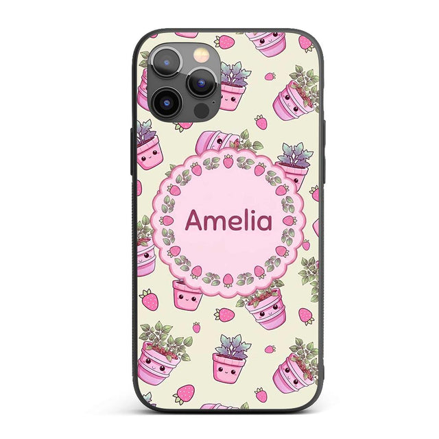 Cute Pink Plant Pots Leaves Strawberry Seamless Custom Name Protective Phone Case Mobile Cover Durable Everyday Smartphone Shock Resistant