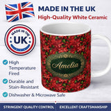 Personalized Custom Name Rich Red Poinsettia Dense Floral Festive Christmas Botanical Design 11oz Ceramic Coffee Tea Mug White Large Handle