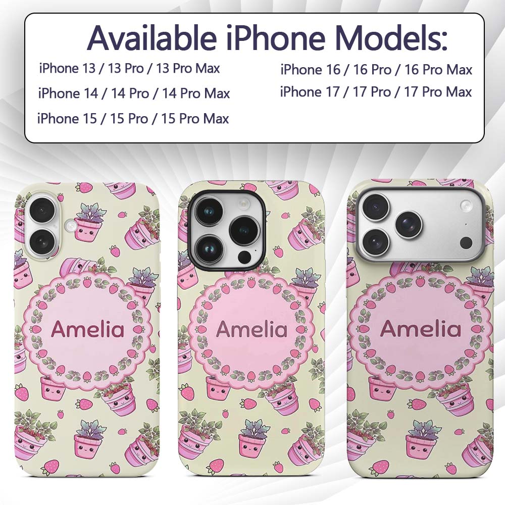 Cute Pink Plant Pots Leaves Strawberry Seamless Custom Name Protective Phone Case Mobile Cover Durable Everyday Smartphone Shock Resistant