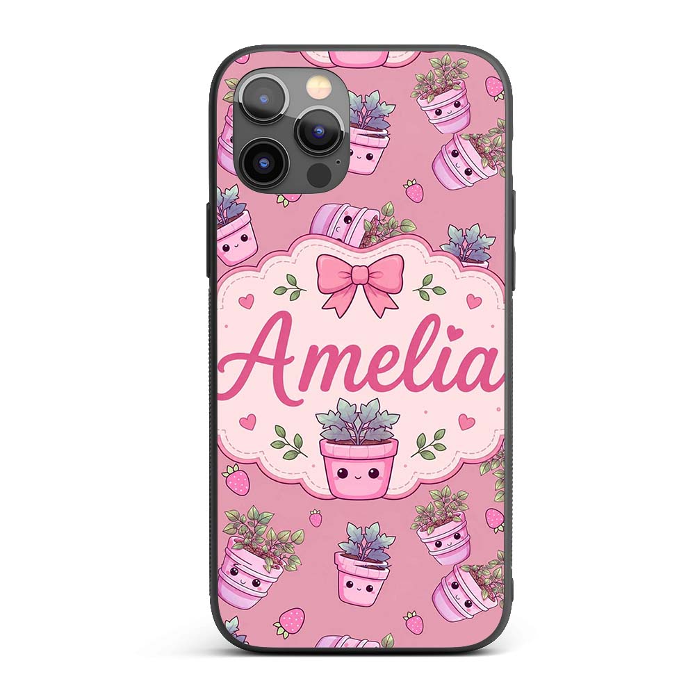 Cute Pink Plant Pots Leaves Strawberry Seamless Custom Name Protective Phone Case Mobile Cover Durable Everyday Smartphone Shock Resistant