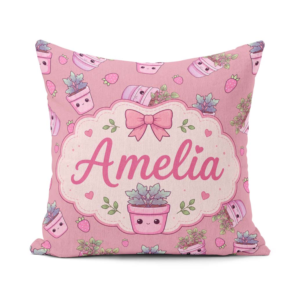 Custom Name Cute Pink Plant Pots Leaves Strawberry Seamless Rose Square Filled Cushion Throw Pillow Sofa Bed Home Decor Zip Washable UK Made