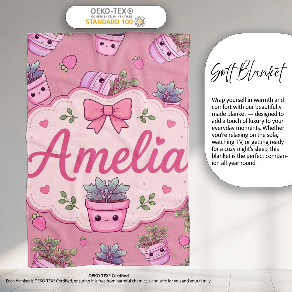 Cute Pink Plant Pots Leaves Strawberry Seamless Pattern Rose Lovely  Personalised Custom Name Super Soft Fleece Blanket Bed Sofa Throw
