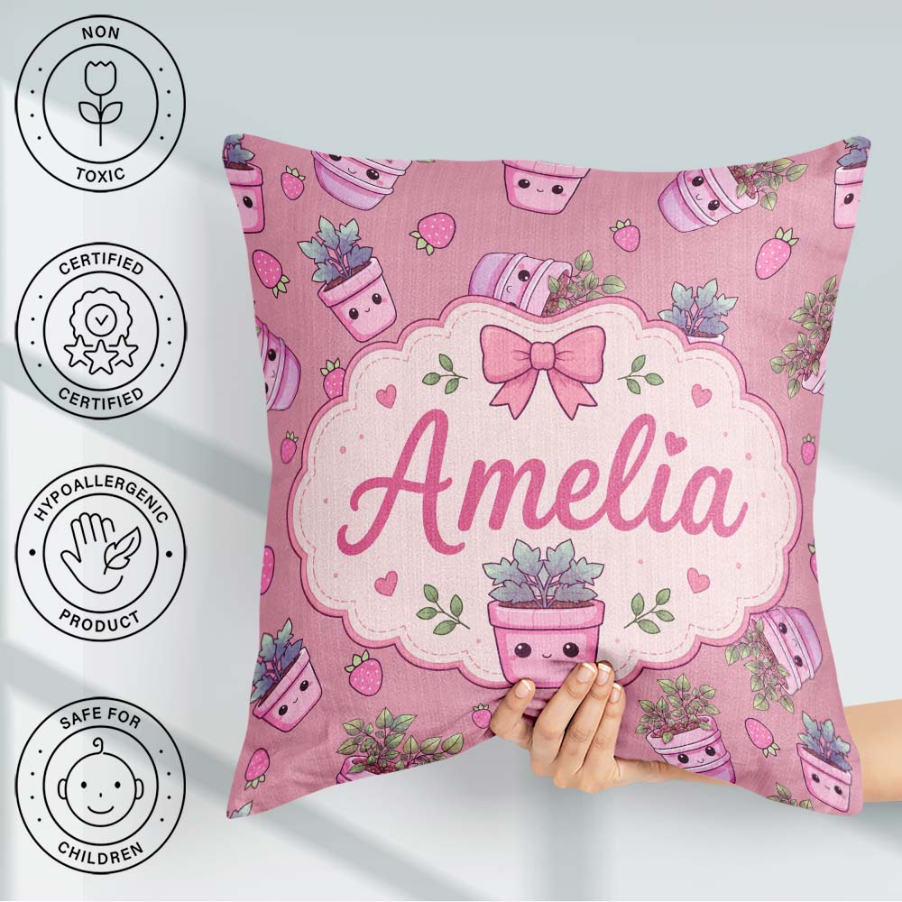 Custom Name Cute Pink Plant Pots Leaves Strawberry Seamless Rose Square Filled Cushion Throw Pillow Sofa Bed Home Decor Zip Washable UK Made