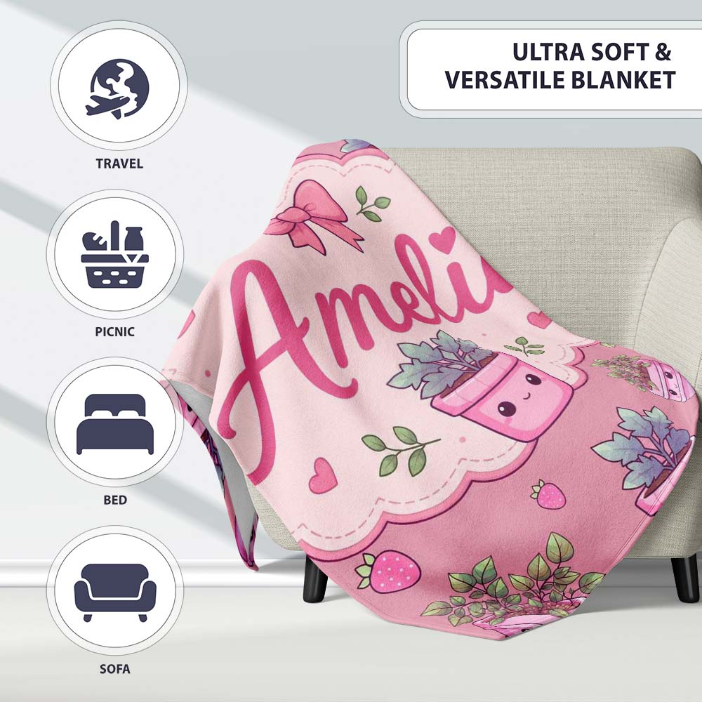Cute Pink Plant Pots Leaves Strawberry Seamless Pattern Rose Lovely  Personalised Custom Name Super Soft Fleece Blanket Bed Sofa Throw
