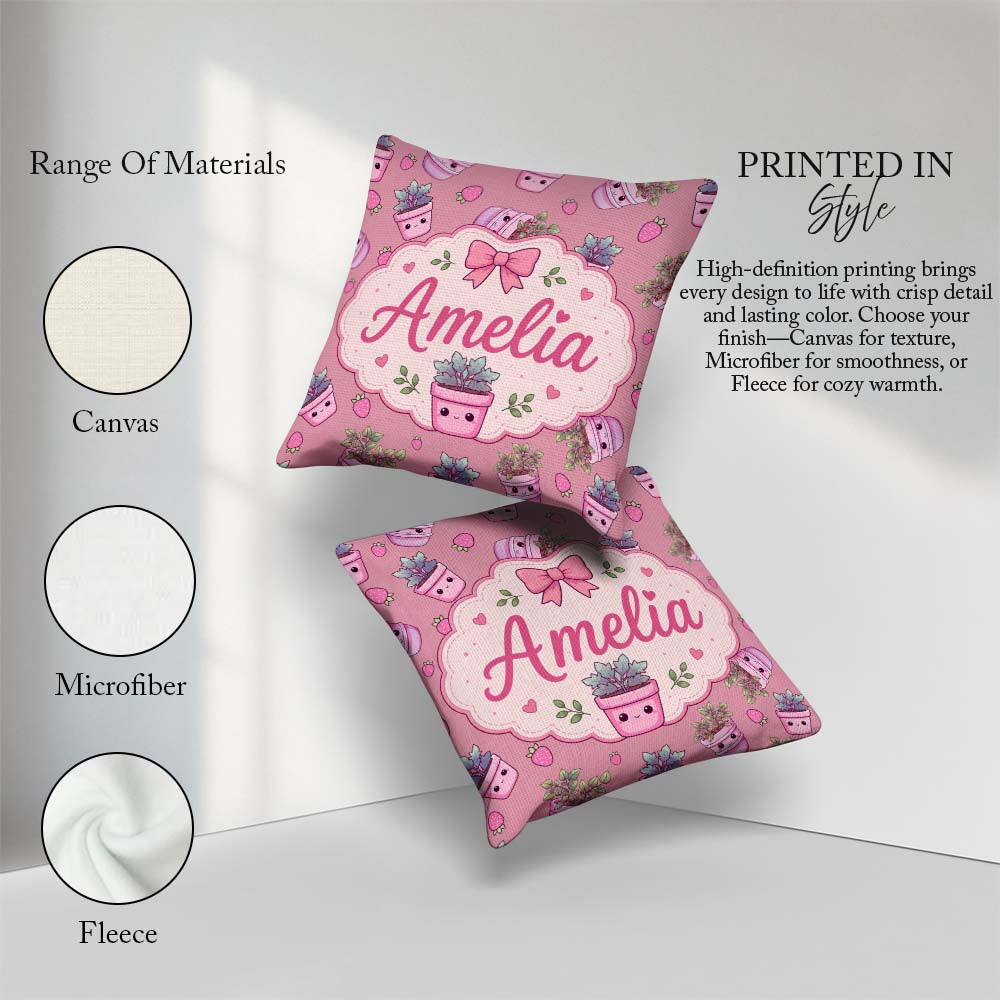 Custom Name Cute Pink Plant Pots Leaves Strawberry Seamless Rose Square Filled Cushion Throw Pillow Sofa Bed Home Decor Zip Washable UK Made