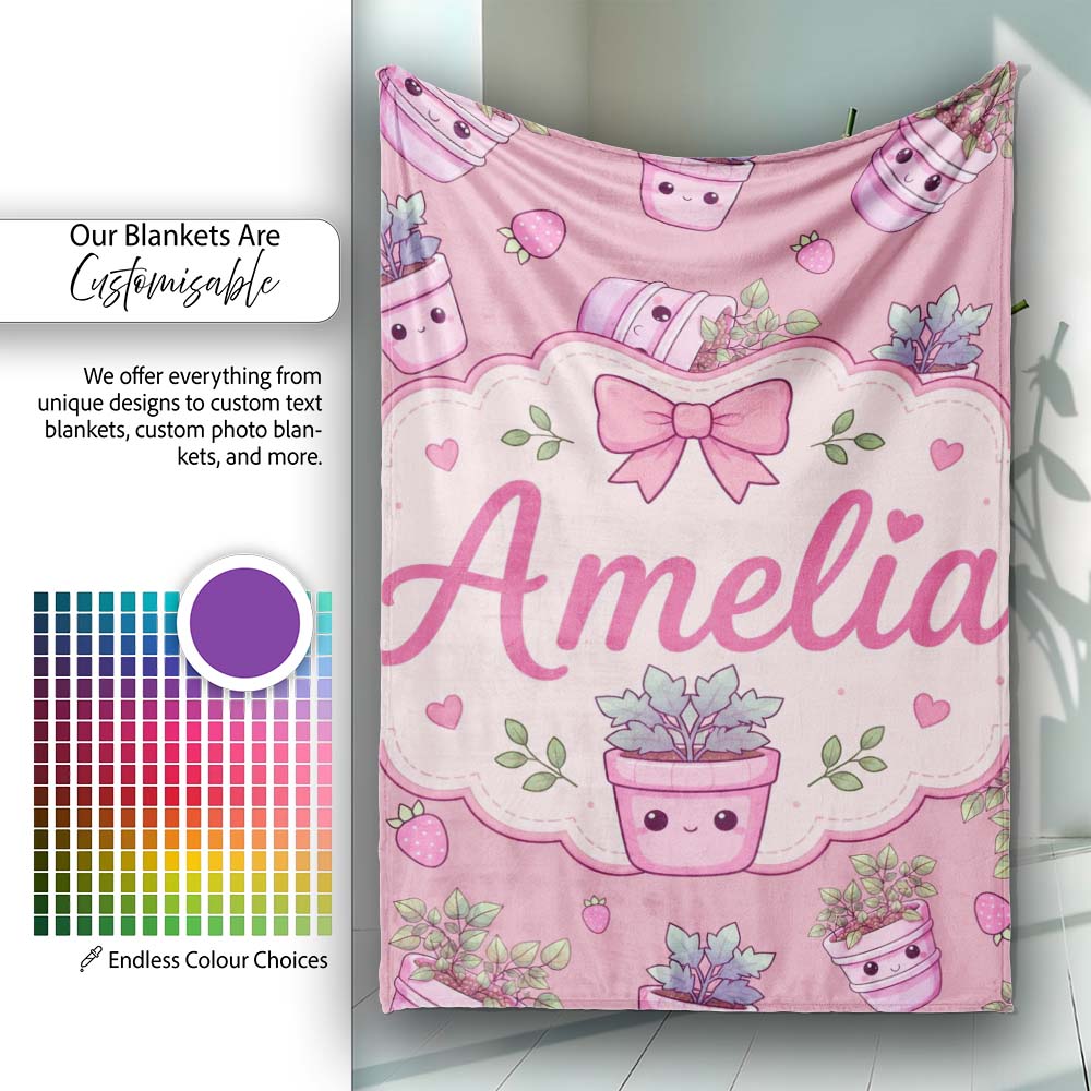 Cute Pink Plant Pots Leaves Strawberry Seamless Pattern Rose Lovely  Personalised Custom Name Super Soft Fleece Blanket Bed Sofa Throw
