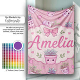 Cute Pink Plant Pots Leaves Strawberry Seamless Pattern Rose Lovely  Personalised Custom Name Super Soft Fleece Blanket Bed Sofa Throw