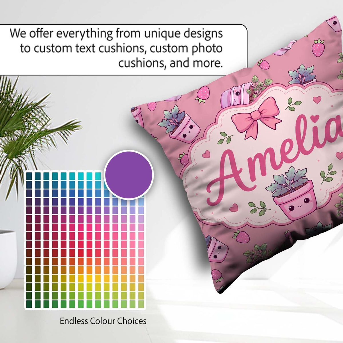 Custom Name Cute Pink Plant Pots Leaves Strawberry Seamless Rose Square Filled Cushion Throw Pillow Sofa Bed Home Decor Zip Washable UK Made