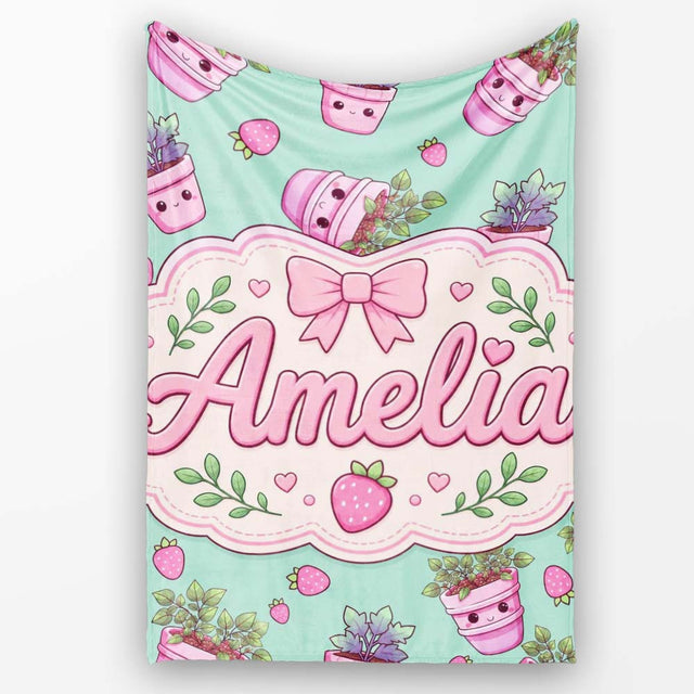 Cute Pink Plant Pots Leaves Strawberry Seamless Pattern Mint Lovely  Personalised Custom Name Super Soft Fleece Blanket Bed Sofa Throw