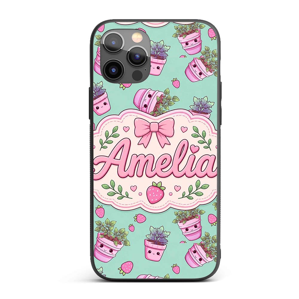 Cute Pink Plant Pots Leaves Strawberry Seamless Custom Name Protective Phone Case Mobile Cover Durable Everyday Smartphone Shock Resistant