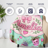 Cute Pink Plant Pots Leaves Strawberry Seamless Pattern Mint Lovely  Personalised Custom Name Super Soft Fleece Blanket Bed Sofa Throw