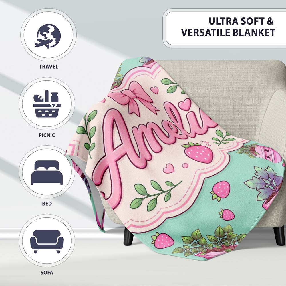 Cute Pink Plant Pots Leaves Strawberry Seamless Pattern Mint Lovely  Personalised Custom Name Super Soft Fleece Blanket Bed Sofa Throw