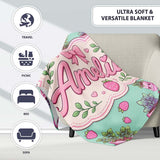 Cute Pink Plant Pots Leaves Strawberry Seamless Pattern Mint Lovely  Personalised Custom Name Super Soft Fleece Blanket Bed Sofa Throw