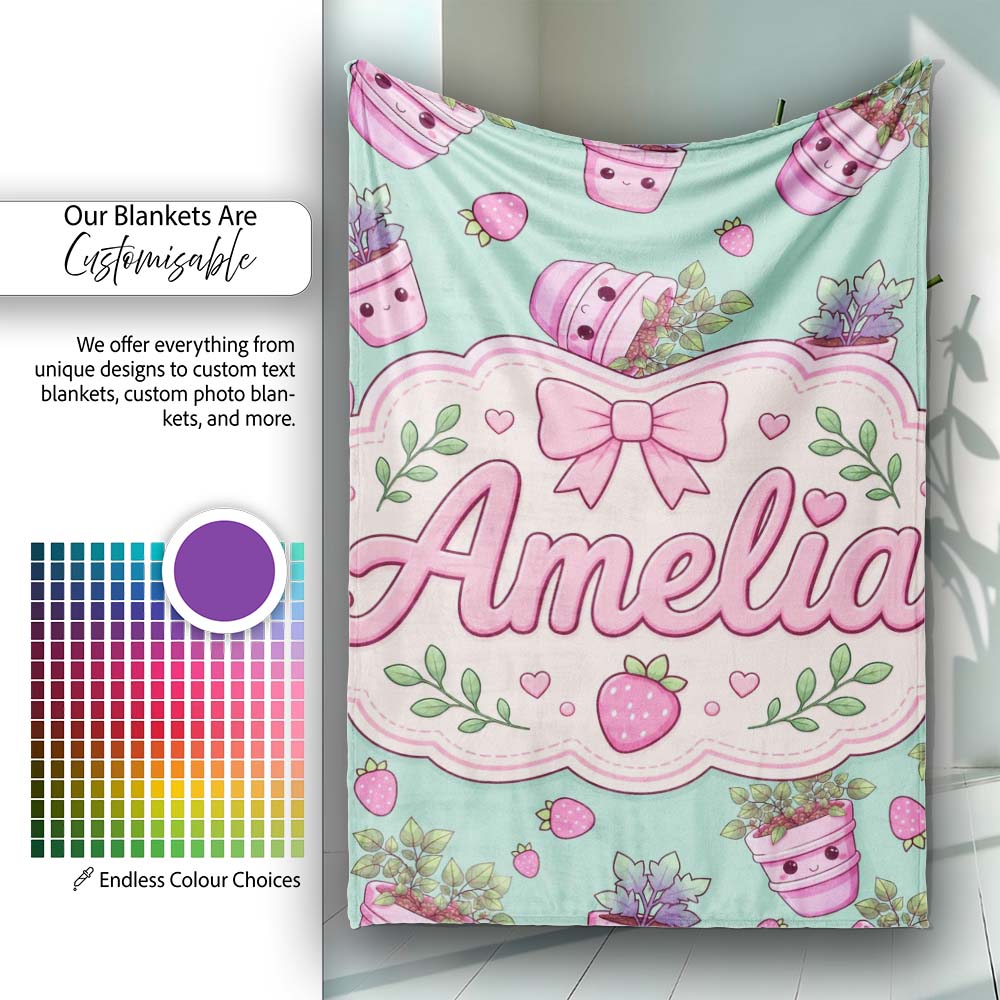 Cute Pink Plant Pots Leaves Strawberry Seamless Pattern Mint Lovely  Personalised Custom Name Super Soft Fleece Blanket Bed Sofa Throw