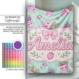 Cute Pink Plant Pots Leaves Strawberry Seamless Pattern Mint Lovely  Personalised Custom Name Super Soft Fleece Blanket Bed Sofa Throw