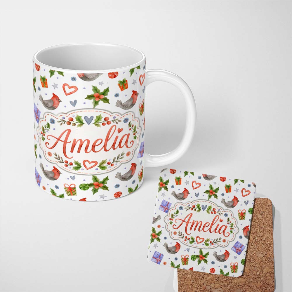 Personalized Custom Name Cute Christmas Birds Gifts Holly Hearts Festive Watercolor Seamless 11oz Ceramic Coffee Tea Mug White Large Handle