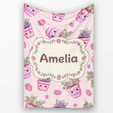 Cute Pink Plant Pots Leaves Strawberry Seamless Pattern Blush Lovely  Personalised Custom Name Super Soft Fleece Blanket Bed Sofa Throw