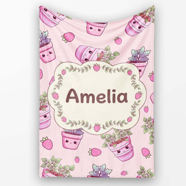 Cute Pink Plant Pots Leaves Strawberry Seamless Pattern Blush Lovely  Personalised Custom Name Super Soft Fleece Blanket Bed Sofa Throw