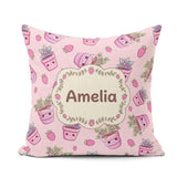 Custom Name Cute Pink Plant Pots Leaves Strawberry Pattern Blush Square Filled Cushion Throw Pillow Sofa Bed Home Decor Zip Washable UK Made