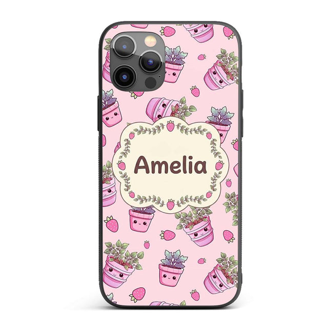 Cute Pink Plant Pots Leaves Strawberry Seamless Custom Name Protective Phone Case Mobile Cover Durable Everyday Smartphone Shock Resistant