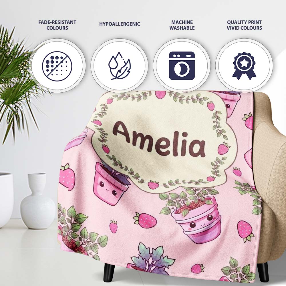 Cute Pink Plant Pots Leaves Strawberry Seamless Pattern Blush Lovely  Personalised Custom Name Super Soft Fleece Blanket Bed Sofa Throw