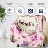 Cute Pink Plant Pots Leaves Strawberry Seamless Pattern Blush Lovely  Personalised Custom Name Super Soft Fleece Blanket Bed Sofa Throw