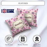 Custom Name Cute Pink Plant Pots Leaves Strawberry Pattern Blush Square Filled Cushion Throw Pillow Sofa Bed Home Decor Zip Washable UK Made