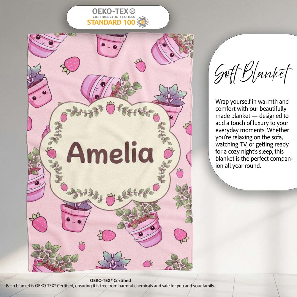 Cute Pink Plant Pots Leaves Strawberry Seamless Pattern Blush Lovely  Personalised Custom Name Super Soft Fleece Blanket Bed Sofa Throw