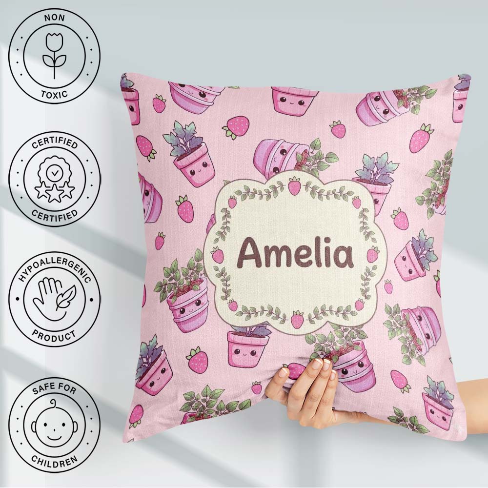 Custom Name Cute Pink Plant Pots Leaves Strawberry Pattern Blush Square Filled Cushion Throw Pillow Sofa Bed Home Decor Zip Washable UK Made