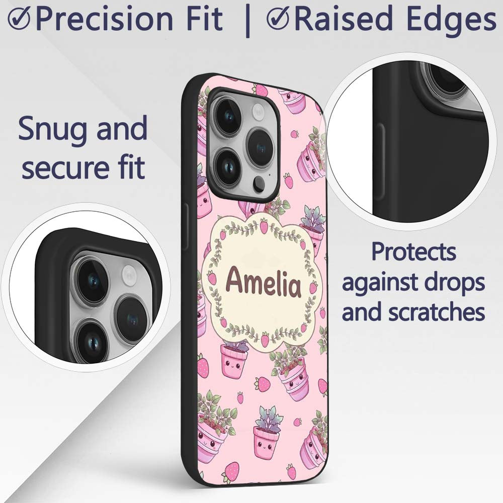 Cute Pink Plant Pots Leaves Strawberry Seamless Custom Name Protective Phone Case Mobile Cover Durable Everyday Smartphone Shock Resistant
