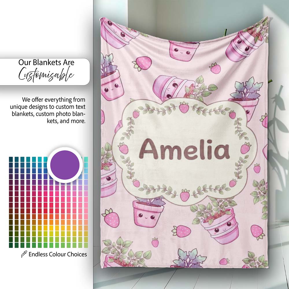 Cute Pink Plant Pots Leaves Strawberry Seamless Pattern Blush Lovely  Personalised Custom Name Super Soft Fleece Blanket Bed Sofa Throw