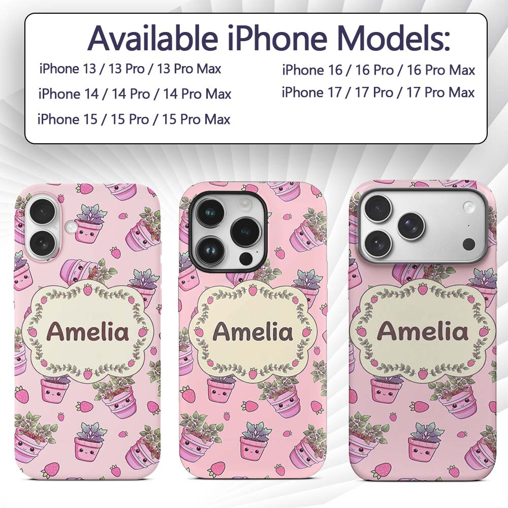 Cute Pink Plant Pots Leaves Strawberry Seamless Custom Name Protective Phone Case Mobile Cover Durable Everyday Smartphone Shock Resistant