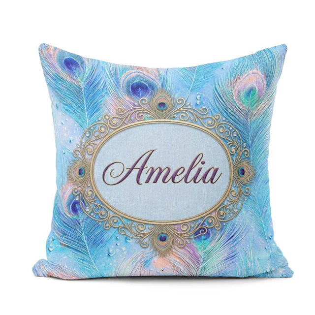 Custom Name Peacock Feather Iridescent Blue Watercolor Seamless Square Filled Cushion Throw Pillow Sofa Bed Home Decor Zip Washable UK Made