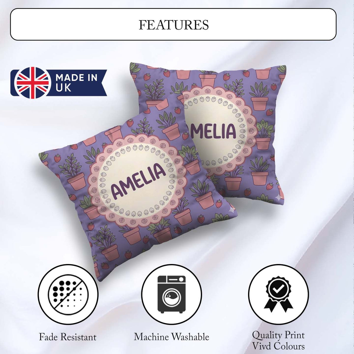 Custom Name Pink Plant Pots Strawberry Seamless Pattern Lavender Square Filled Cushion Throw Pillow Sofa Bed Home Decor Zip Washable UK Made