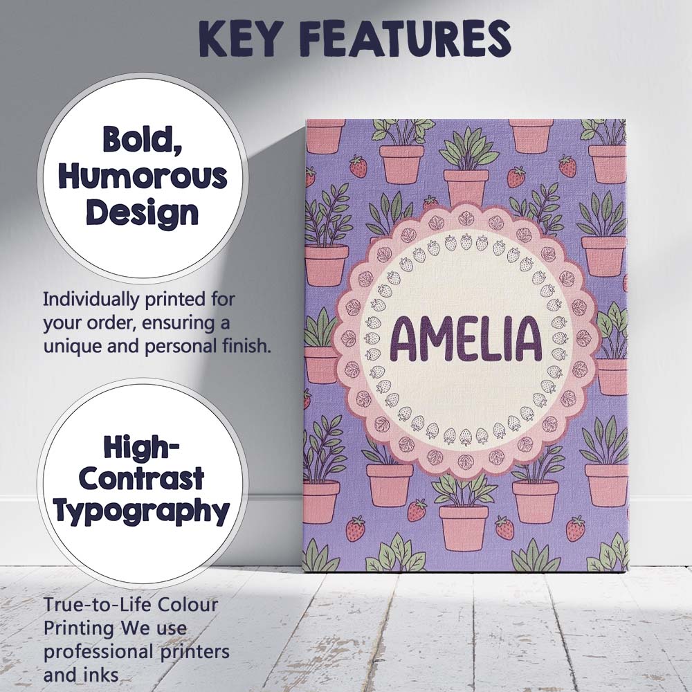 Personalised Name Cute Pink Plant Pots Custom  Modern Room Accent Elegant Feature Canvas Wall Art Print Decor Picture Ready to Hang