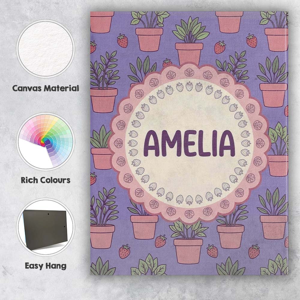 Personalised Name Cute Pink Plant Pots Custom  Modern Room Accent Elegant Feature Canvas Wall Art Print Decor Picture Ready to Hang