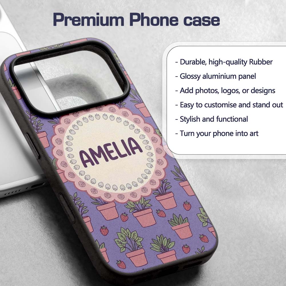 Cute Pink Plant Pots Leaves Strawberry Seamless Custom Name Protective Phone Case Mobile Cover Durable Everyday Smartphone Shock Resistant