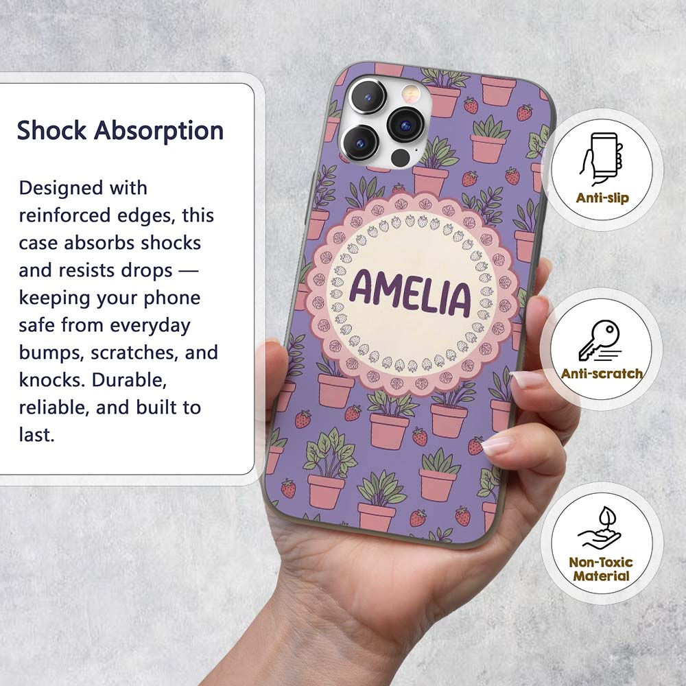 Cute Pink Plant Pots Leaves Strawberry Seamless Custom Name Protective Phone Case Mobile Cover Durable Everyday Smartphone Shock Resistant