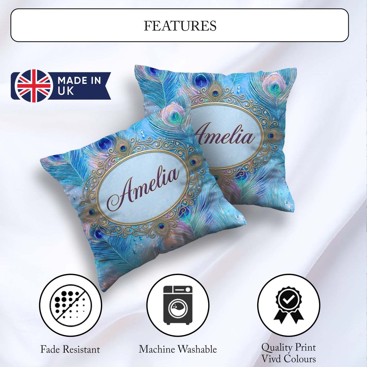 Custom Name Peacock Feather Iridescent Blue Watercolor Seamless Square Filled Cushion Throw Pillow Sofa Bed Home Decor Zip Washable UK Made