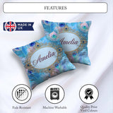 Custom Name Peacock Feather Iridescent Blue Watercolor Seamless Square Filled Cushion Throw Pillow Sofa Bed Home Decor Zip Washable UK Made