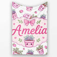 Cute Pink Plant Pots Leaves Strawberry Seamless Pattern Light Grey  Personalised Custom Name Super Soft Fleece Blanket Bed Sofa Throw