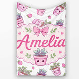 Cute Pink Plant Pots Leaves Strawberry Seamless Pattern Light Grey  Personalised Custom Name Super Soft Fleece Blanket Bed Sofa Throw