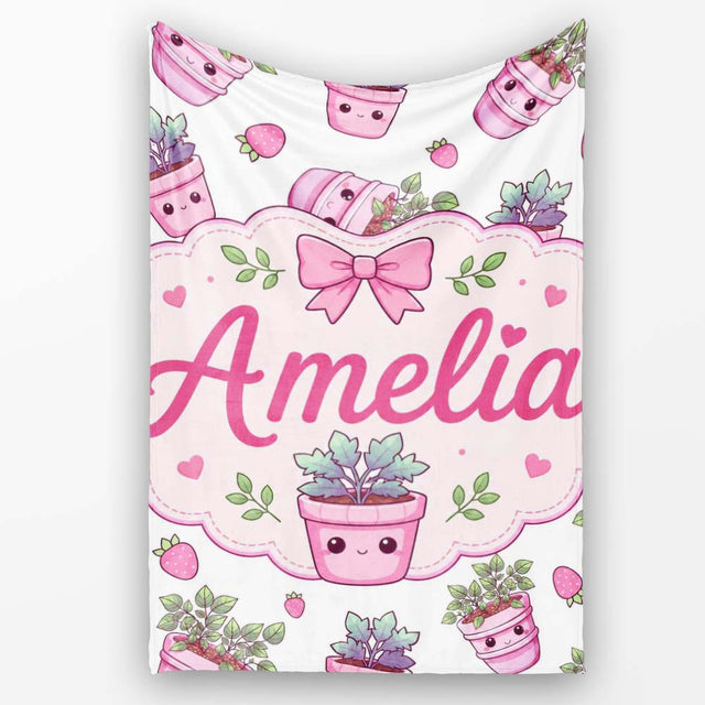 Cute Pink Plant Pots Leaves Strawberry Seamless Pattern Light Grey  Personalised Custom Name Super Soft Fleece Blanket Bed Sofa Throw