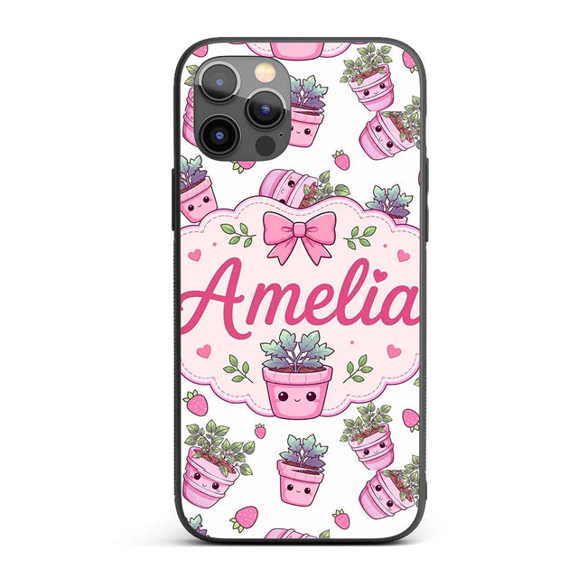 Cute Pink Plant Pots Leaves Strawberry Seamless Custom Name Protective Phone Case Mobile Cover Durable Everyday Smartphone Shock Resistant