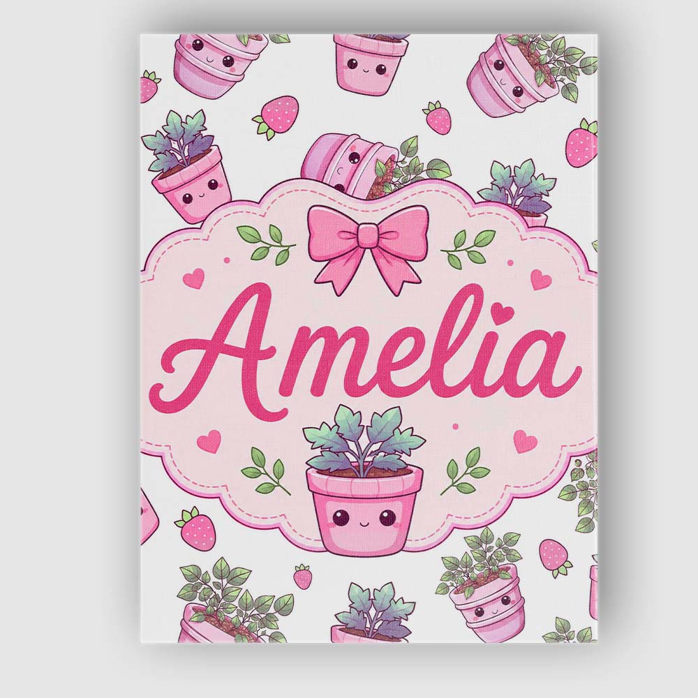 Personalised Name Cute Pink Plant Pots Custom  Modern Room Accent Elegant Feature Canvas Wall Art Print Decor Picture Ready to Hang