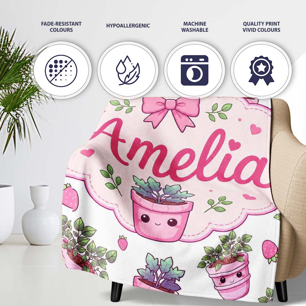 Cute Pink Plant Pots Leaves Strawberry Seamless Pattern Light Grey  Personalised Custom Name Super Soft Fleece Blanket Bed Sofa Throw