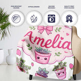Cute Pink Plant Pots Leaves Strawberry Seamless Pattern Light Grey  Personalised Custom Name Super Soft Fleece Blanket Bed Sofa Throw