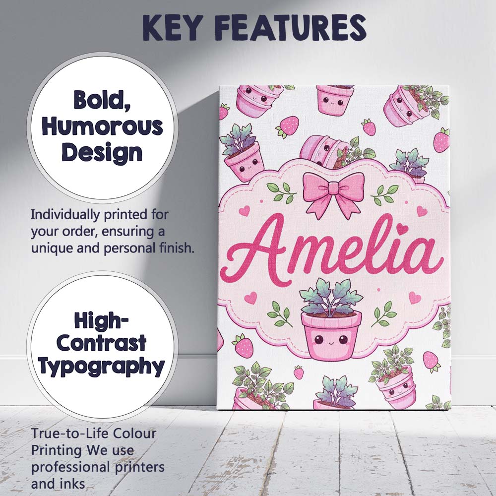 Personalised Name Cute Pink Plant Pots Custom  Modern Room Accent Elegant Feature Canvas Wall Art Print Decor Picture Ready to Hang